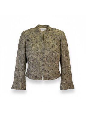 Kay Unger Womens Gold Silk Embellished Jacket Paisley Pattern Size 10